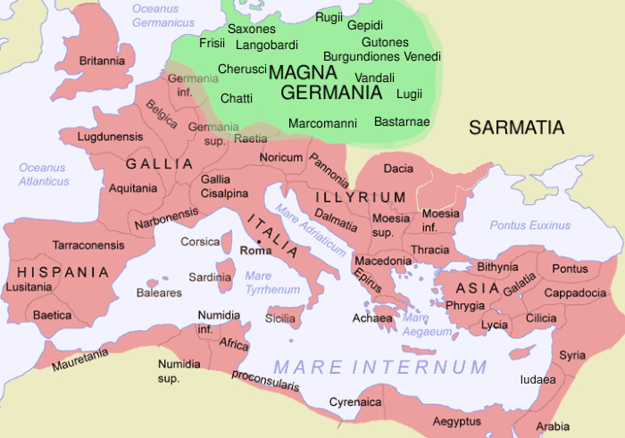 Map showing the Germanic Tribes and the Roman Empire.